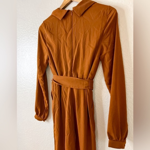 Sleek Impression Rust Brown Belted Collared Slim Leg Jumpsuit - Picture 7 of 9